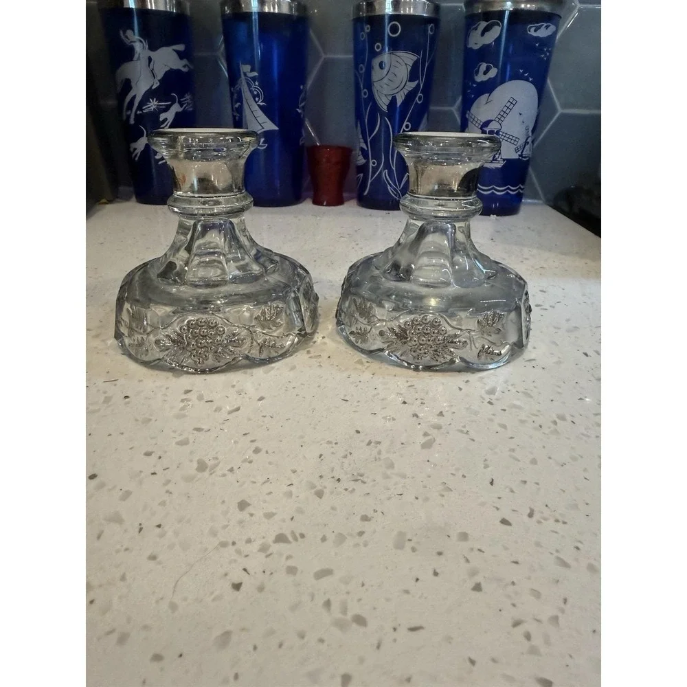 Westmoreland Paneled Grape Clear Silver Overlay Candle Stick Holder Mid Century